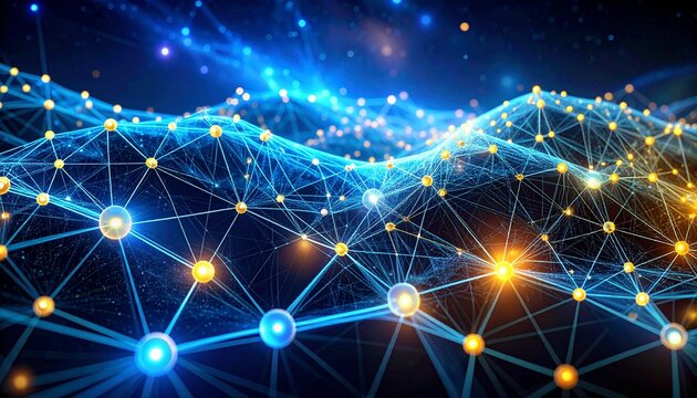A glowing neural network of blue lines and yellow nodes on a dark background, symbolizing artificial intelligence, data connectivity, and complex brain-like systems in digital visualization. - Powered by Adobe