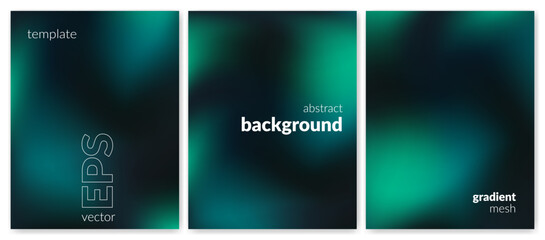 Abstract liquid background set. Gradient mesh. Effect blend emerald color. Blurred fluid colorful mix. Modern design template for web cover, header, ad banner, poster, brochure, flyer. Vector image