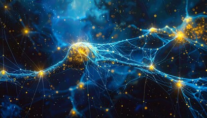 A glowing neural network of blue lines and yellow nodes on a dark background, symbolizing artificial intelligence, data connectivity, and complex brain-like systems in digital visualization.