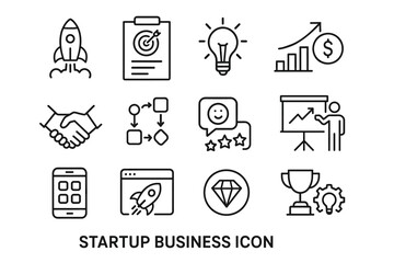 Fototapeta premium Startup business icons: rocket, target, lightbulb, growth, handshake, presentation, trophy