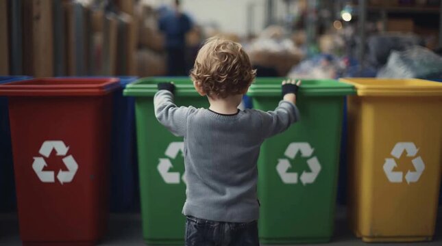 Young child learns about recycling by sorting waste into colored bins.