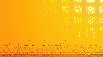 An abstract digital space with a bright orange gradient background and fading grid of small squares transitioning from white to orange tones