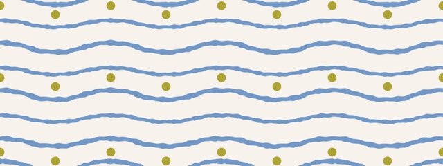Cute baby wave seamless pattern. Hand drawn wavy stripes with green dots for decor, textiles, wallpaper, fabric, and gift wrapping.