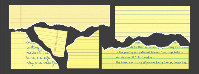 Yellow ripped paper with torn edges, notebook sheet. Yellow lined paper elements for collage and design. Retro grunge style