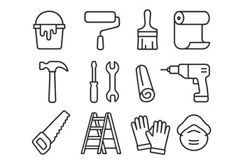 Essential home renovation tools: hammer, drill, paint, ladder, safety gear icons