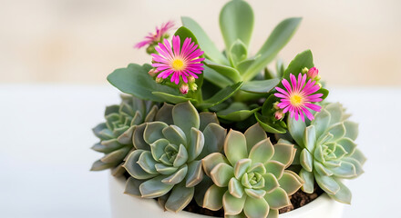 Close up of a succulent arrangement with pink flowers in a white pot on a neutral background ai generated