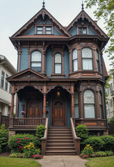 Obraz premium Victorian-style home urban neighborhood architectural photography residential environment front view historic design inspiration