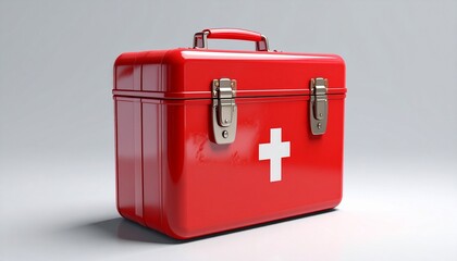A red first aid kit with a white cross sits on a neutral surface—its black latches sealed, handle poised. A metaphor for preparedness and the choreography of care through structured urgency and symbol