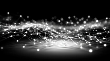 Abstract image featuring interconnected white dots and lines on a blurred, dark gradient background, creating a sense of network and depth