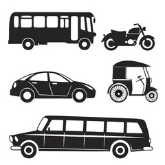 Collection of black silhouette vehicles including a bus motorcycle car auto rickshaw and limousine on a white background