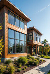 Fototapeta premium Modern home design showcase suburban area architecture photograph sunny day exterior view contemporary style