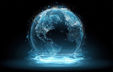 A glowing blue Earth globe rendered in abstract particles, floating over a light pool, against a dark background