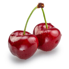 Sweet cherries covered with water drops isolated on white background. File contains clipping paths.