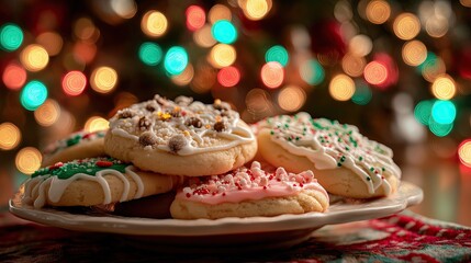 Christmas cookies with festive lights in the background.