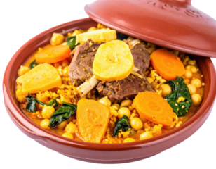 Spicy Moroccan tagine with lamb, rice, and vegetables in a clay pot