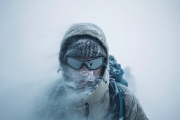 A person battles a blizzard, showcasing the extreme cold and challenging conditions.