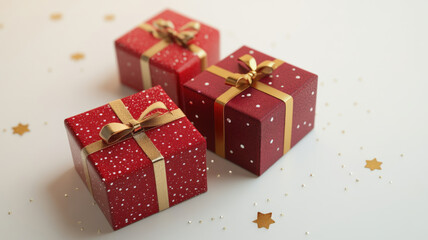 Obraz premium Three red gift boxes with gold ribbon and white dots