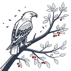 Majestic eagle perched on a branch with red berries and leaves symbolizing nature freedom and strength rendered in a clean graphic style