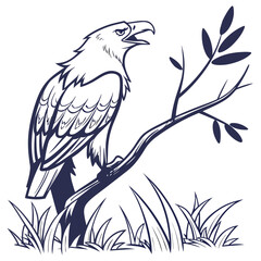 Majestic eagle perched on a branch with open beak and detailed feathers set against a white background with grass and foliage in a stylized line art illustration