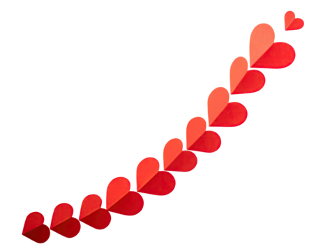 A curving line of red hearts, slightly shadowed, fading in color