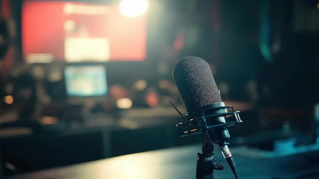 Dark recording studio with desk, microphone, and blurred background equipment