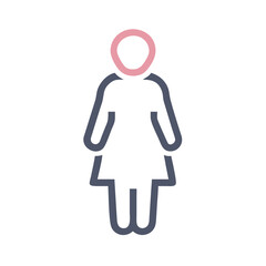 Simple minimalist icon of a woman with a pink head outline and blue body outline on a black background representing female gender identity and human figure