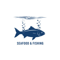 A stylized illustration of a fish swimming underwater, with bubbles rising and text below.