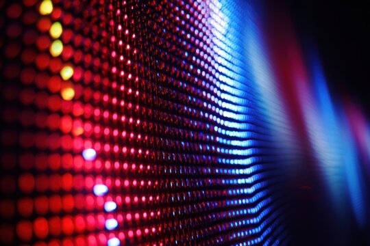 Abstract close-up of a textured surface filled with glowing red, yellow and blue LED lights, creating a vibrant, pixelated effect