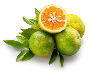 Green tangerine and cross section of tangerine fruit isolated on white background. File contains clipping paths.