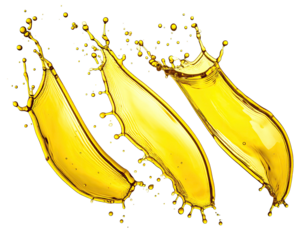 Two golden liquid splashes, dynamic and abstract, against a black background.  Liquid appears to be flowing and bursting in motion