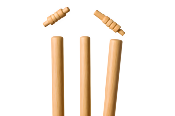 Wooden Cricket Stumps with Falling Bails on White Background – High-Speed Studio Photo