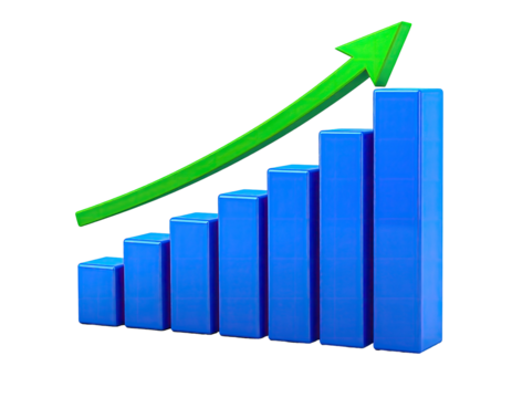 A 3D graphic of a rising bar graph.  Blue bars increase in height, culminating in a bright green upward arrow