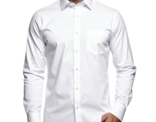 A full shot of a white dress shirt.  Button-down collar, long sleeves, and a single chest pocket