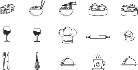 Food and cooking icons set collection of vector silhouettes of sushi, noodle, wine, chef hat, rolling pin, and dish