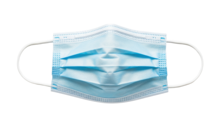 Pristine light blue disposable surgical face mask with pleats and white ear loops, centered on seamless transparent background with copy space, soft studio lighting, concept of health and safety