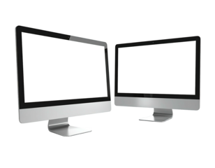 Two modern computer monitors, side-by-side,  showing blank screens.  Silver/gray frames and stands.  3D rendering
