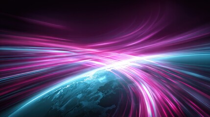 Globe overlaid with vibrant streams of fuchsia and teal light suggesting connectivity and speed against a darkened background
