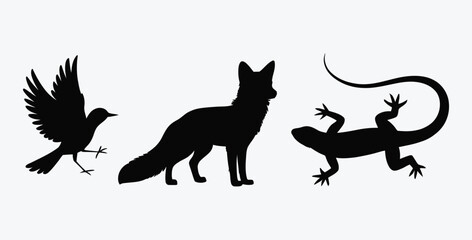 Silhouettes of Bird Fox and Lizard on White Background Vector Illustration
