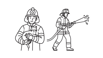 Fototapeta premium Two Firefighters Line Art Illustration Pet rescue and firehose Vector 
