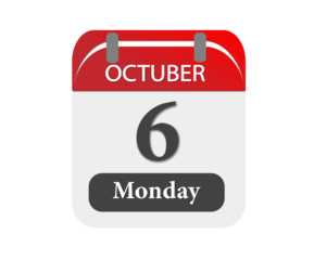 A calendar showing october sixth on a monday with a red top and grey hardware on a black background