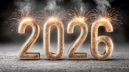 Golden numbers 2026 sparkle like sparklers against a dark background. An atmospheric New Year backdrop for festive New Year banners and cards.