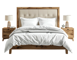 Wooden bed with white linens and bedside tables