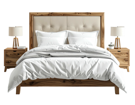 Wooden bed with white linens and bedside tables