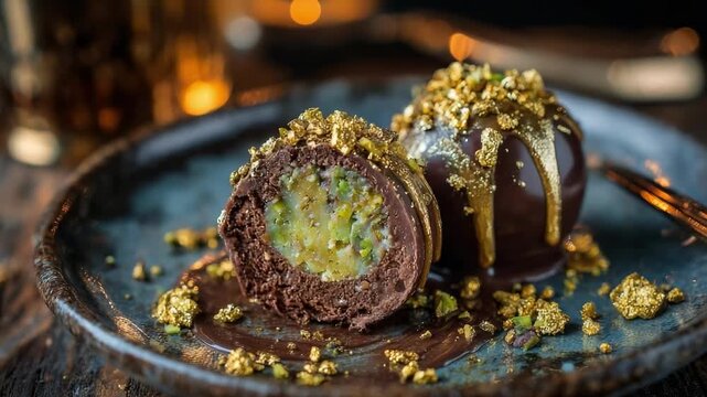 Two dark chocolate truffles coated in gold leaf, one cut open to reveal a green pistachio ganache center