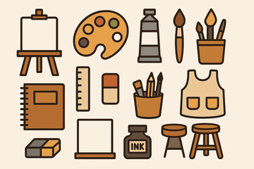 Art supplies set: easel, paints, brushes, notebook, and tools for creativity