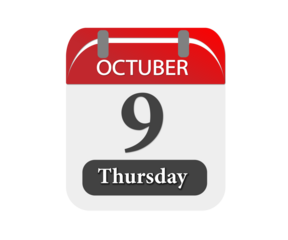A calendar page showing october ninth on a thursday with a red top and white background design element