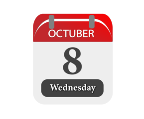 A red and white calendar showing october eighth which is on a wednesday against black background