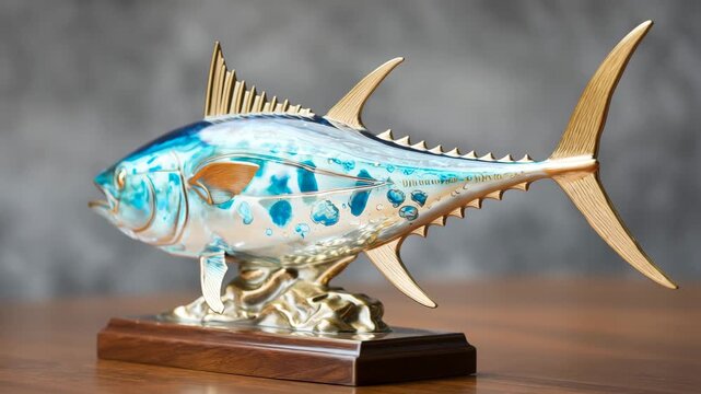 An exquisite fish sculpture shines with blue and gold colors showcasing detailed craftsmanship. The artwork is placed on a polished wooden base, perfect for any decor