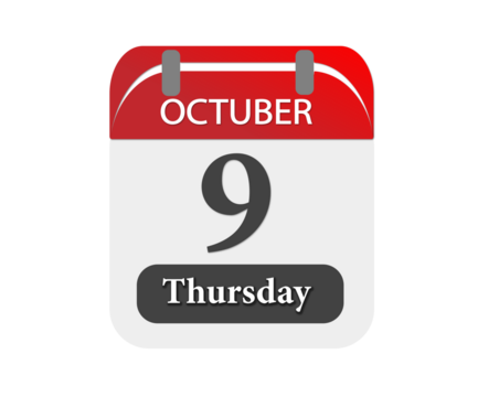 A calendar page showing october ninth on a thursday with a red top and white background design element