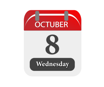 A red and white calendar showing october eighth which is on a wednesday against black background